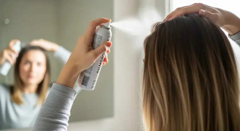 Vaporisation de shampoing sec sur ses cheveux
