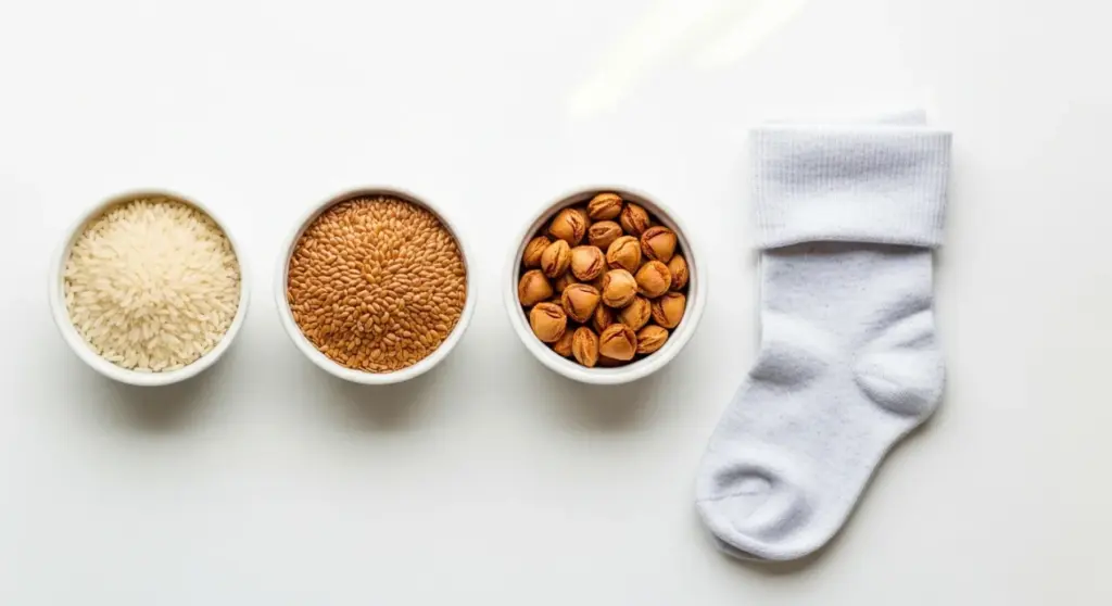 Noyaux de cerise, graines de riz et de lin pour une bouillotte sèche DIY