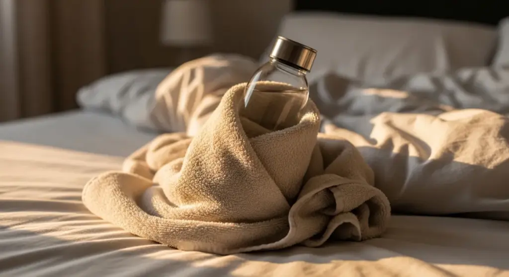 Se réchauffer avec une bouteille d'eau chaude enroulée dans une serviette