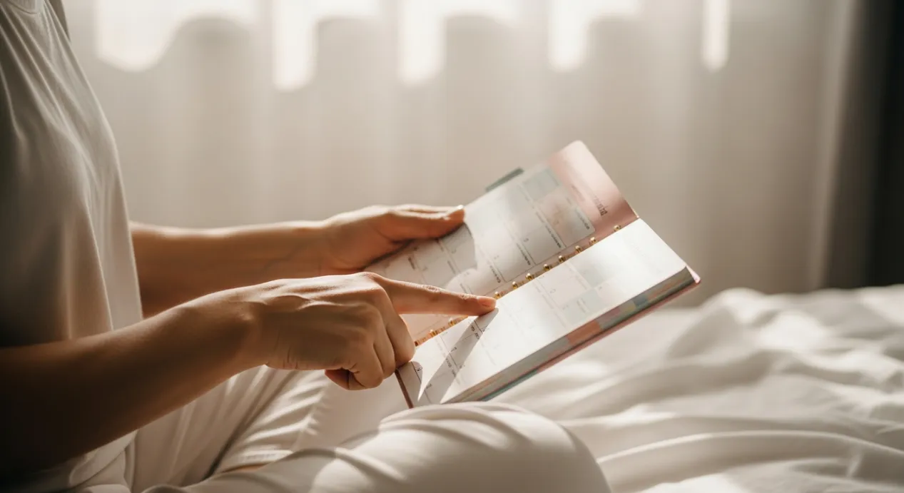 Femme qui suit ses cycles menstruels sur son calendrier