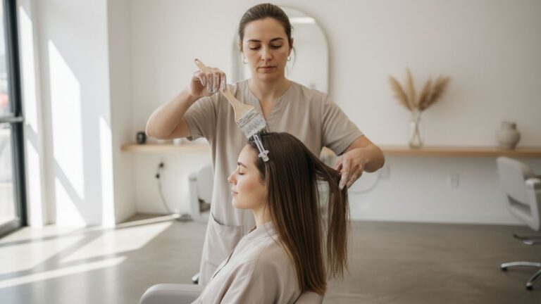 Coiffeuse qui fait un lissage brésilien