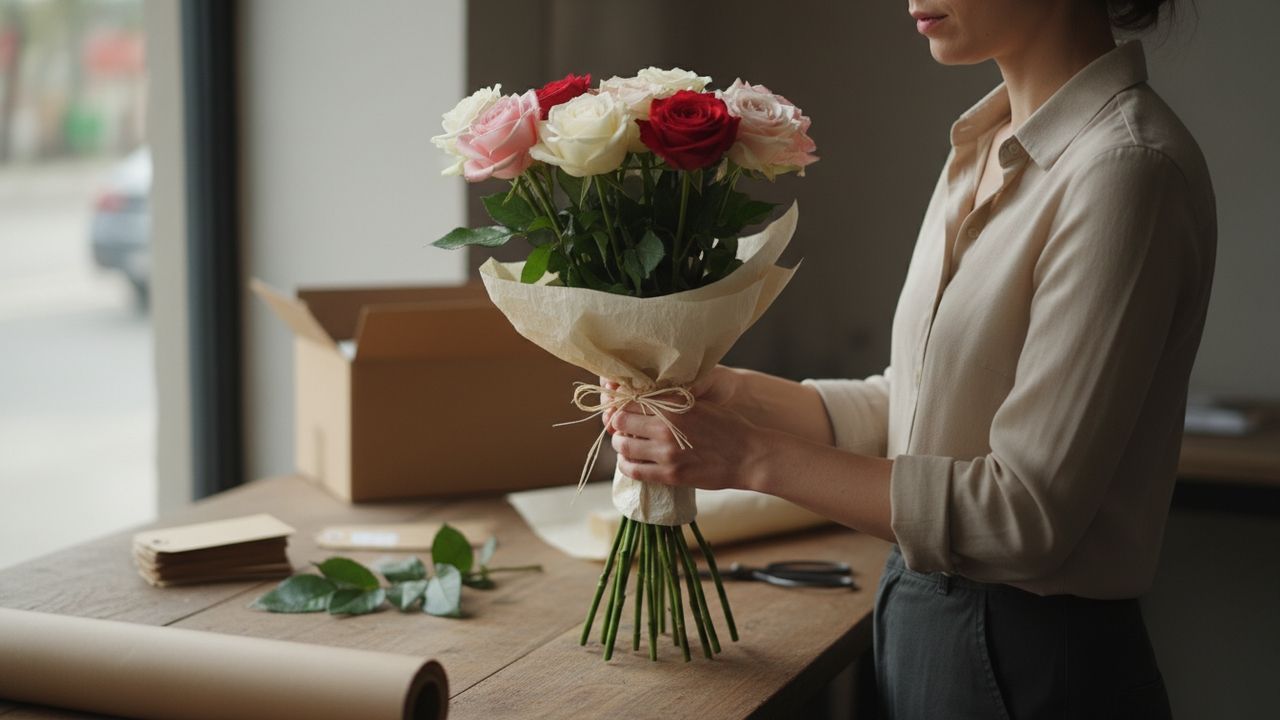 Fleuriste qui prépare un bouquet de roses