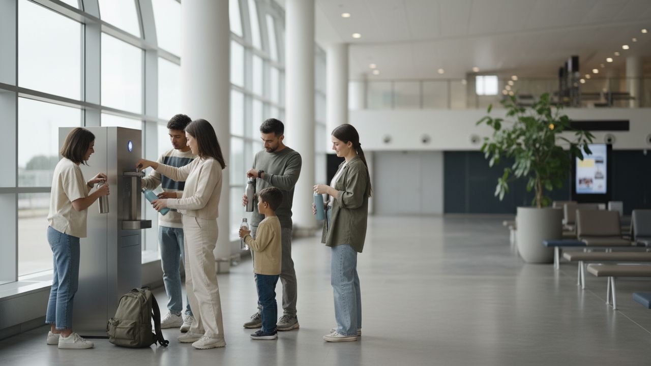 Remplir sa gourde à la fontaine de l'aéroport