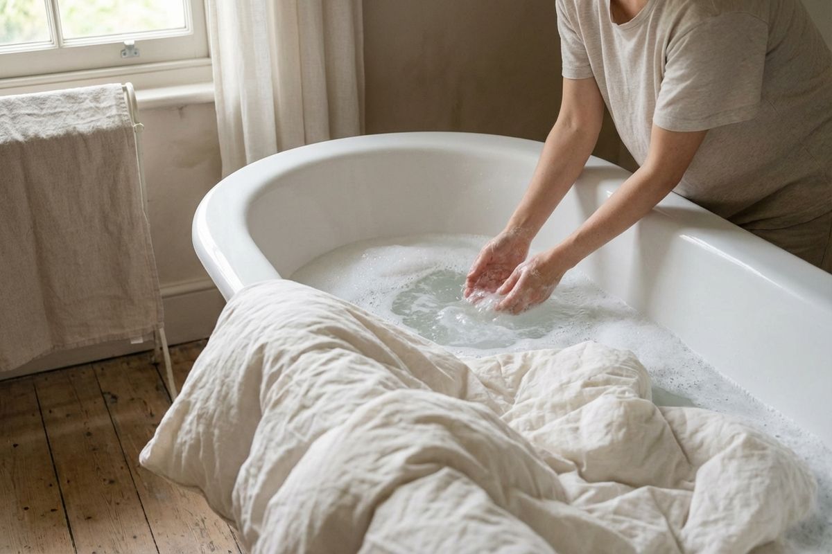 Lavage d'une couette dans une baignoire