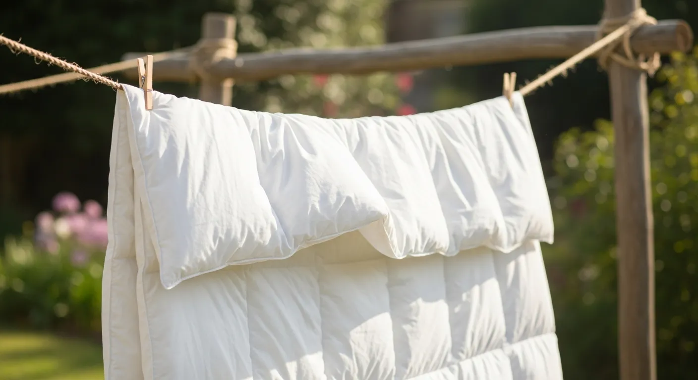 Séchage d'une couette blanche en extérieur