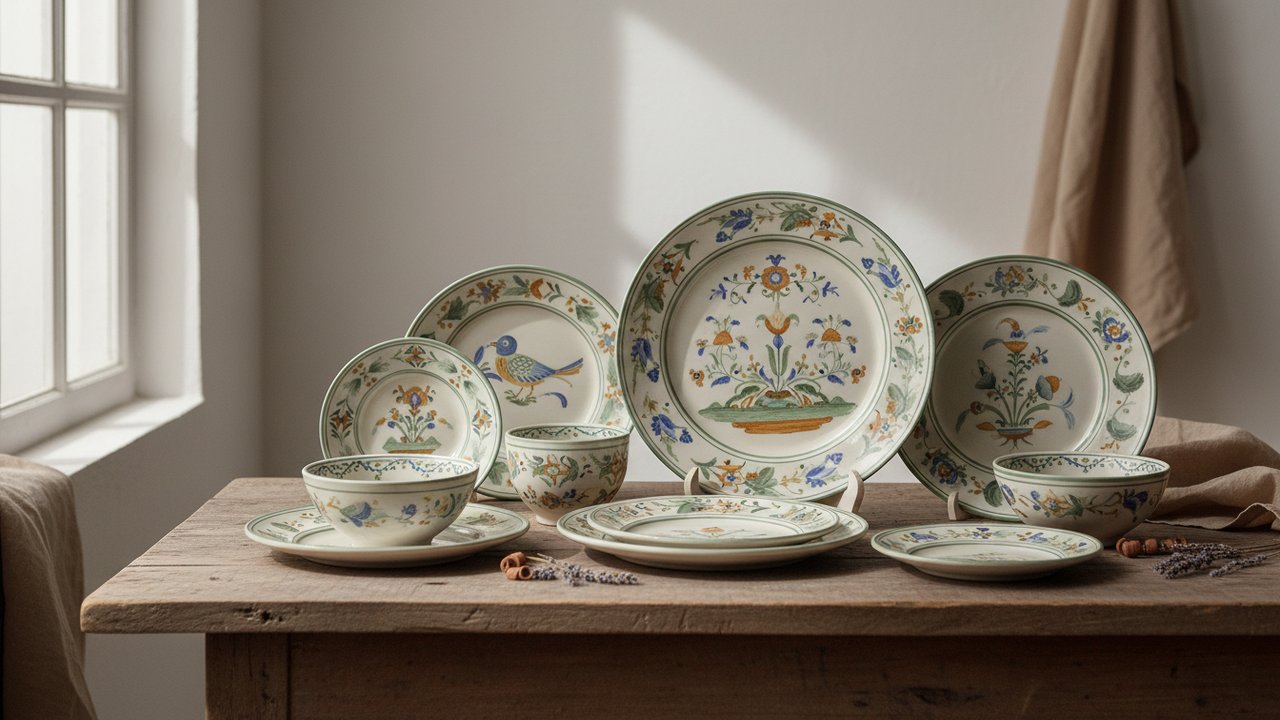 Assiettes en faïence avec motifs colorés sur une table