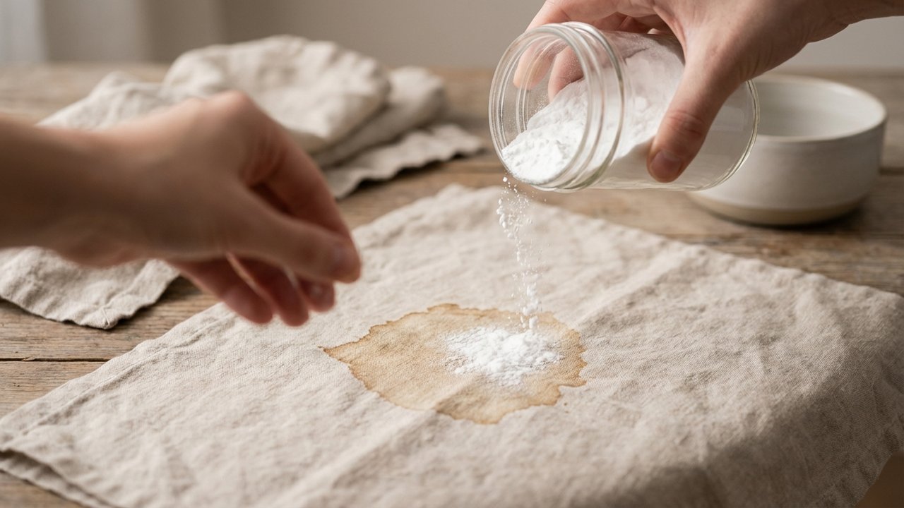 Application du bicarbonate de soude sur une tache de café