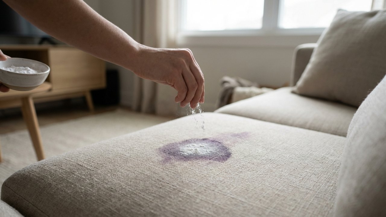 Saupoudrage de bicarbonate de soude sur une tache de vin sur tapis ou canapé