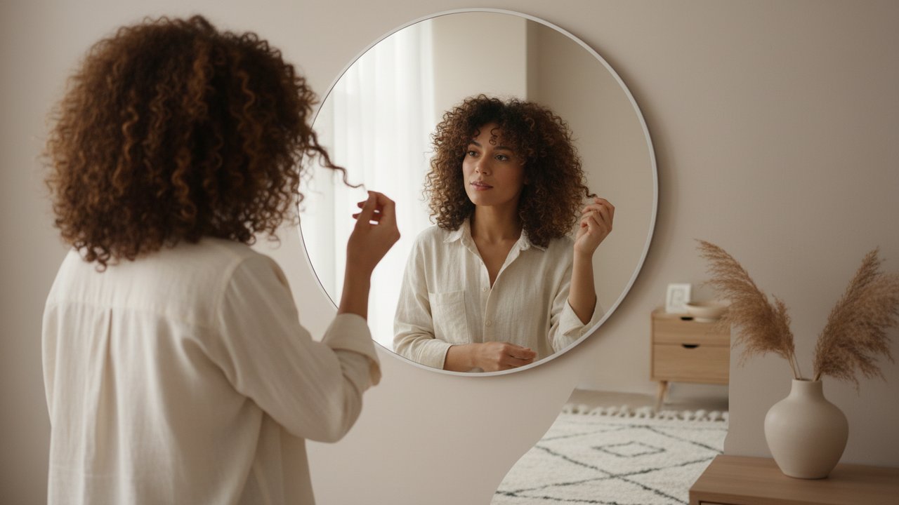 Femme observant ses cheveux bouclés qui perdent leurs boucles