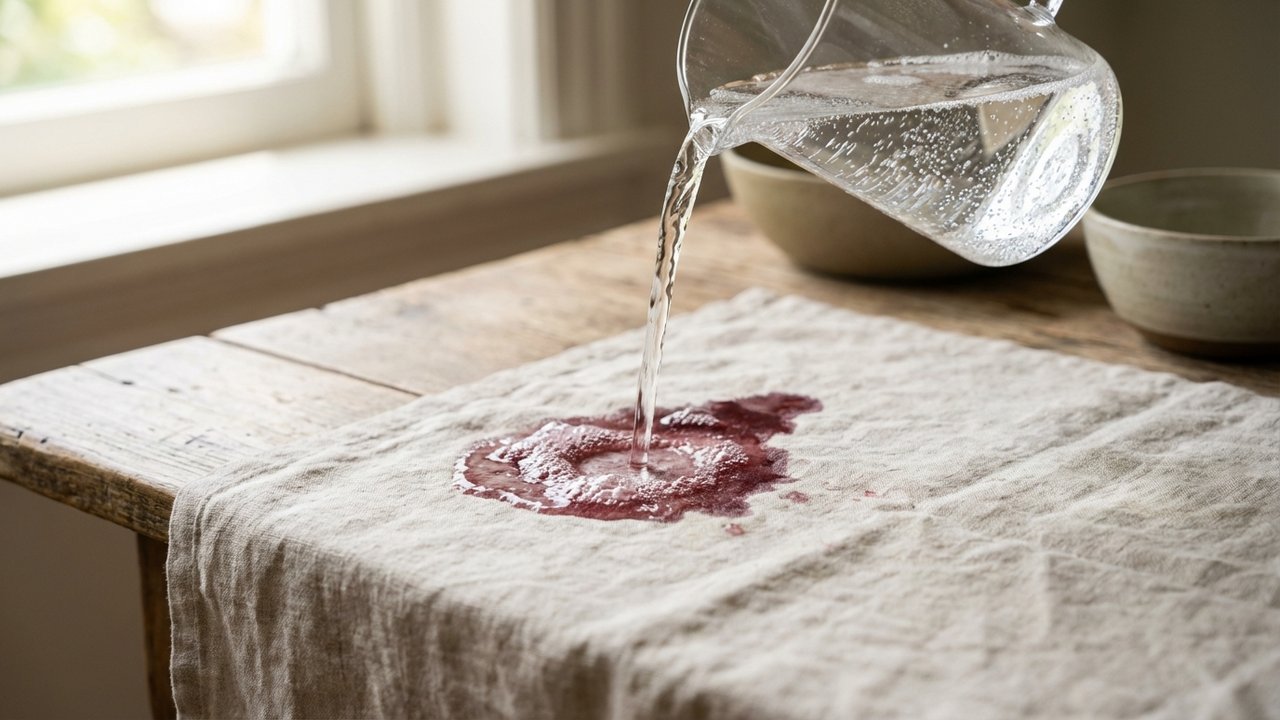 Application d'eau gazeuse sur une tache de vin rouge fraîche