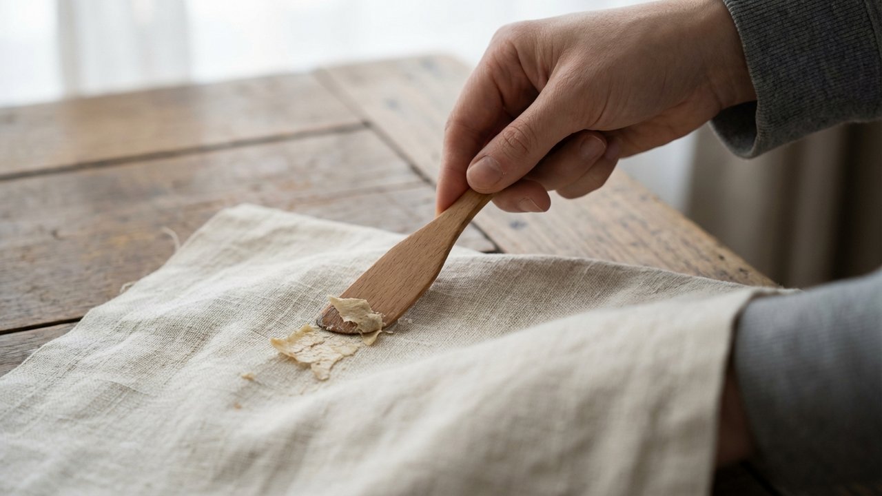Retrait de colle sèche sur un vêtement avec une spatule