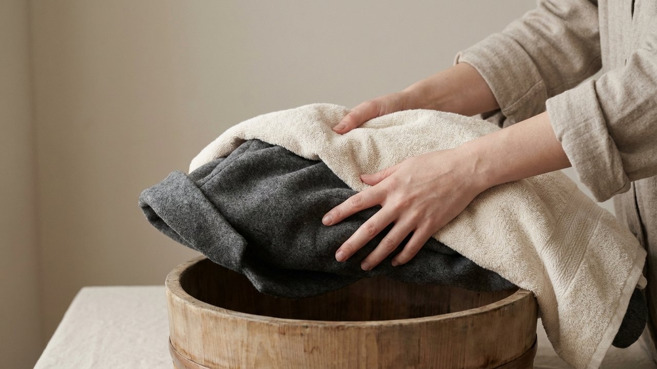 Essorage sans tordre d'un manteau en laine avec une serviette éponge