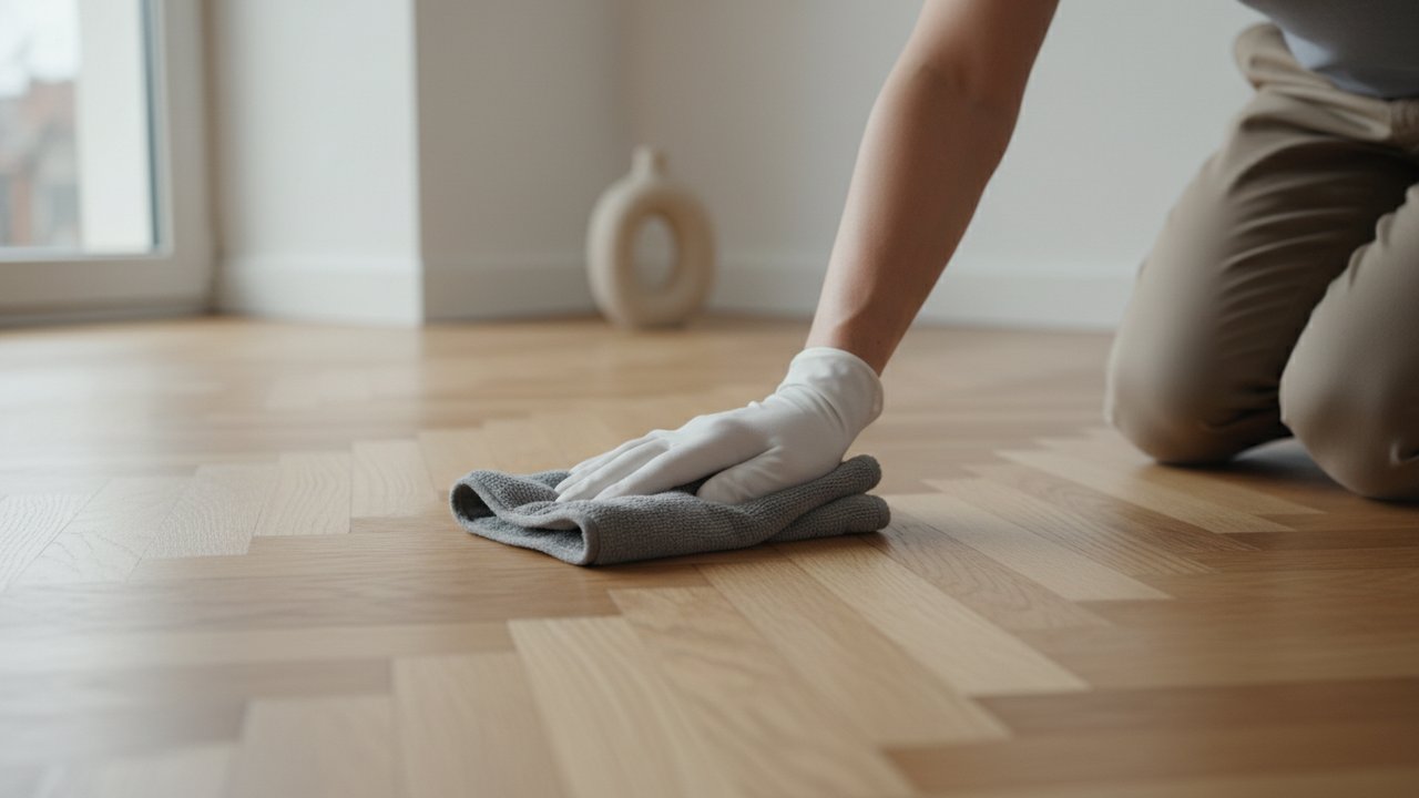 Essuyage de l'excédent d'huile sur un parquet avec un chiffon microfibre