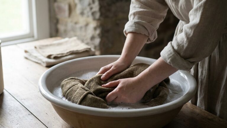 Lavage délicat d'un manteau en laine à la main dans une bassine d'eau tiède