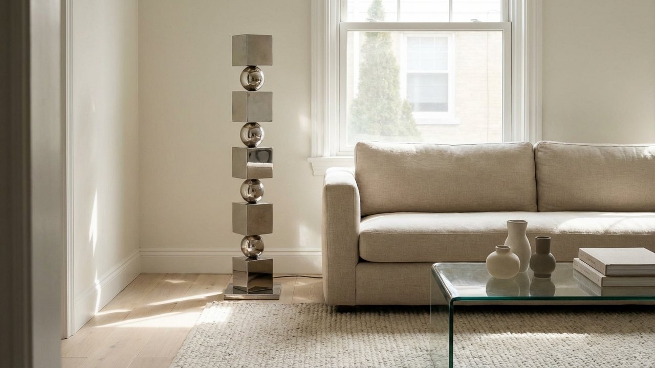 Lampadaire sculptural chromé au-dessus d'une table basse pour salon design