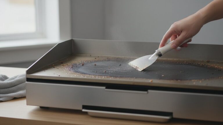 Nettoyage d'une plancha inox avec une spatule après cuisson