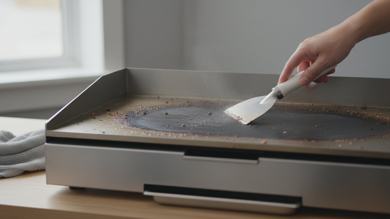 Nettoyage d'une plancha inox avec une spatule après cuisson