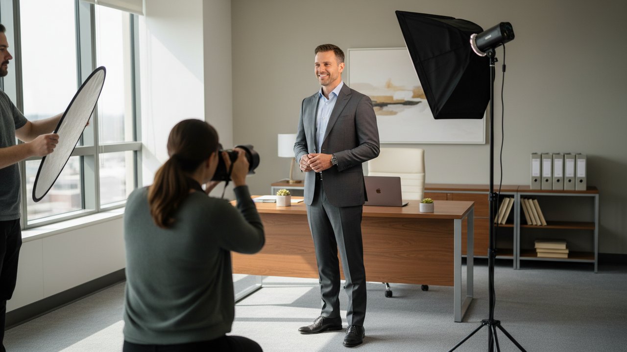Shooting photo corporate d'un professionnel en environnement d'entreprise