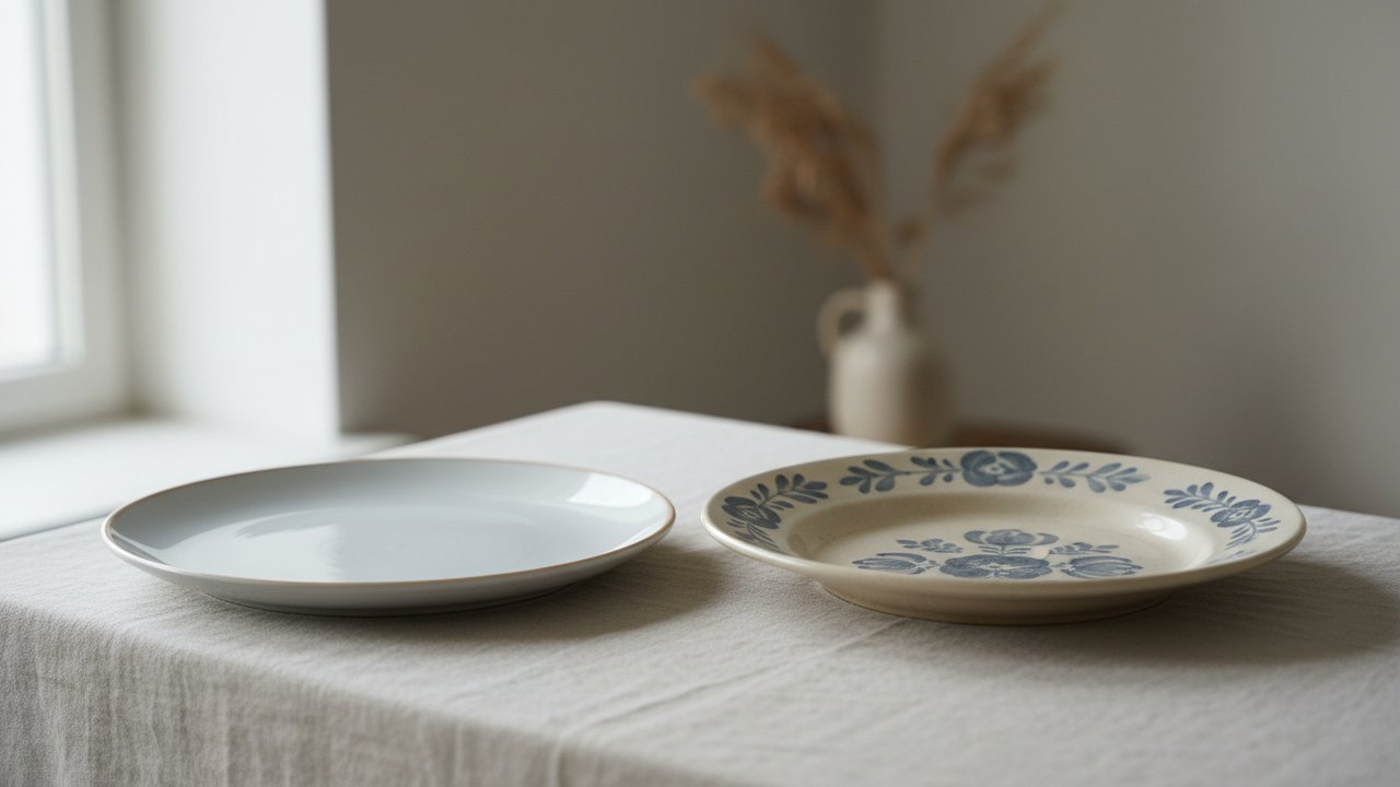 Assiette en porcelaine et assiette en faïence côte à côte