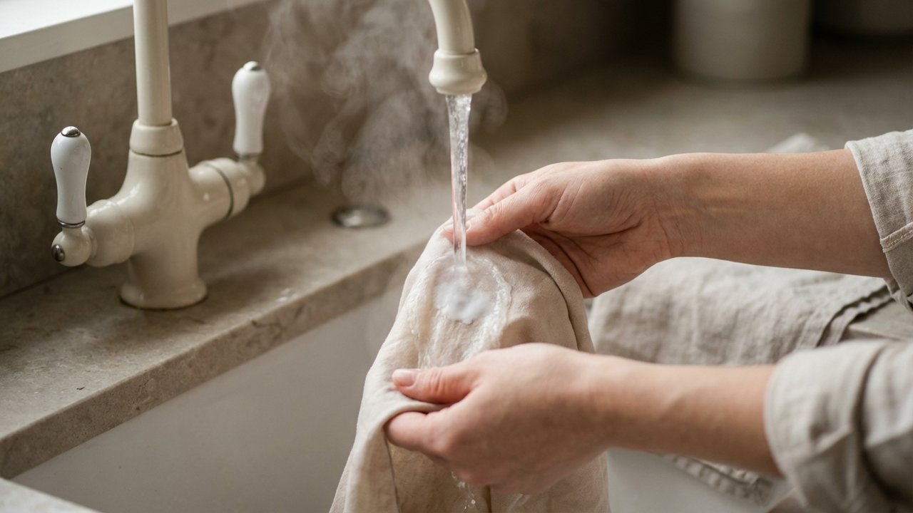 Rinçage d'une tache de colle fraîche à l'eau chaude