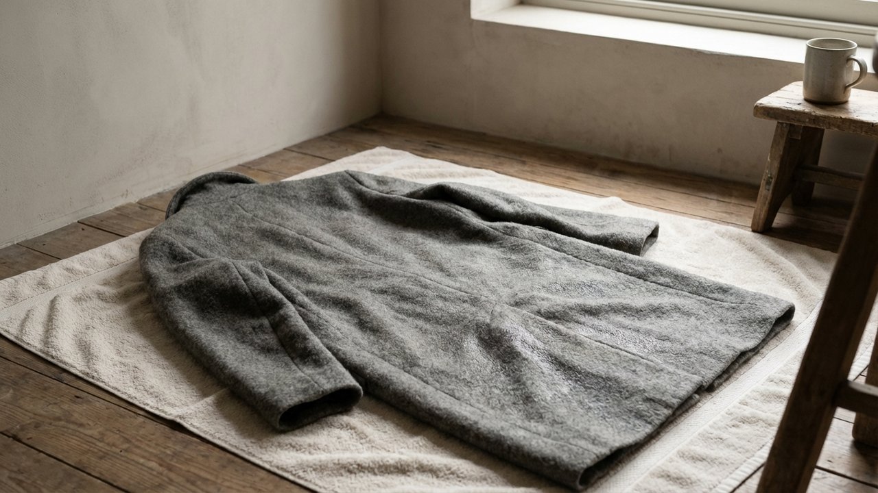Séchage à plat d'un manteau en laine humide sur une serviette