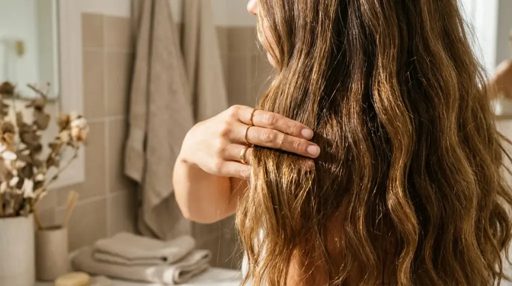 Femme qui applique de l'huile pour nourrir ses cheveux fins et cassants