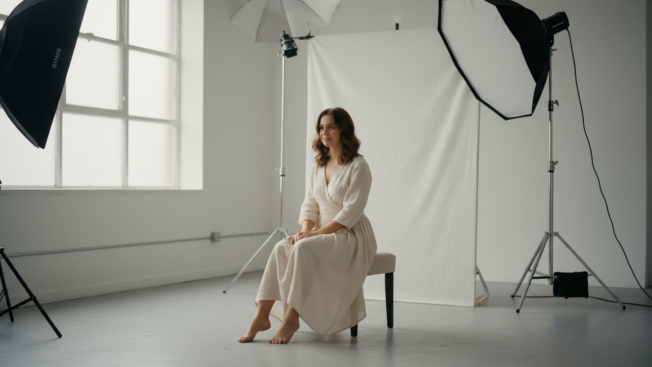 Séance portrait en studio professionnel avec équipement d'éclairage