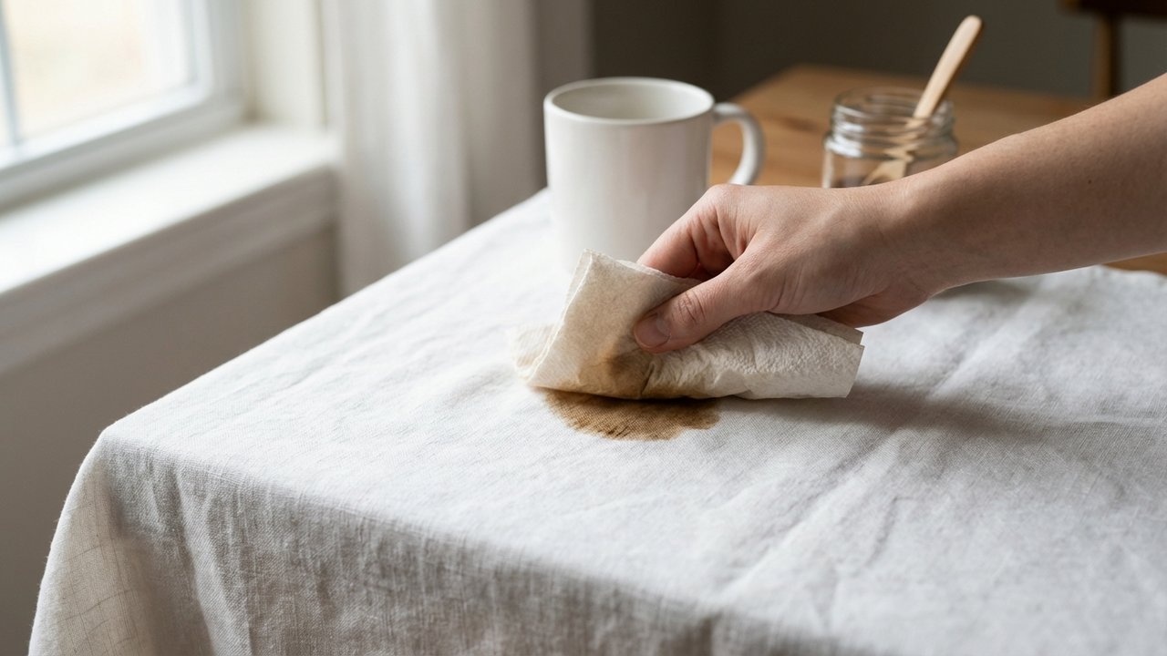 Absorption d'une tache de café fraîche sur un tissu blanc