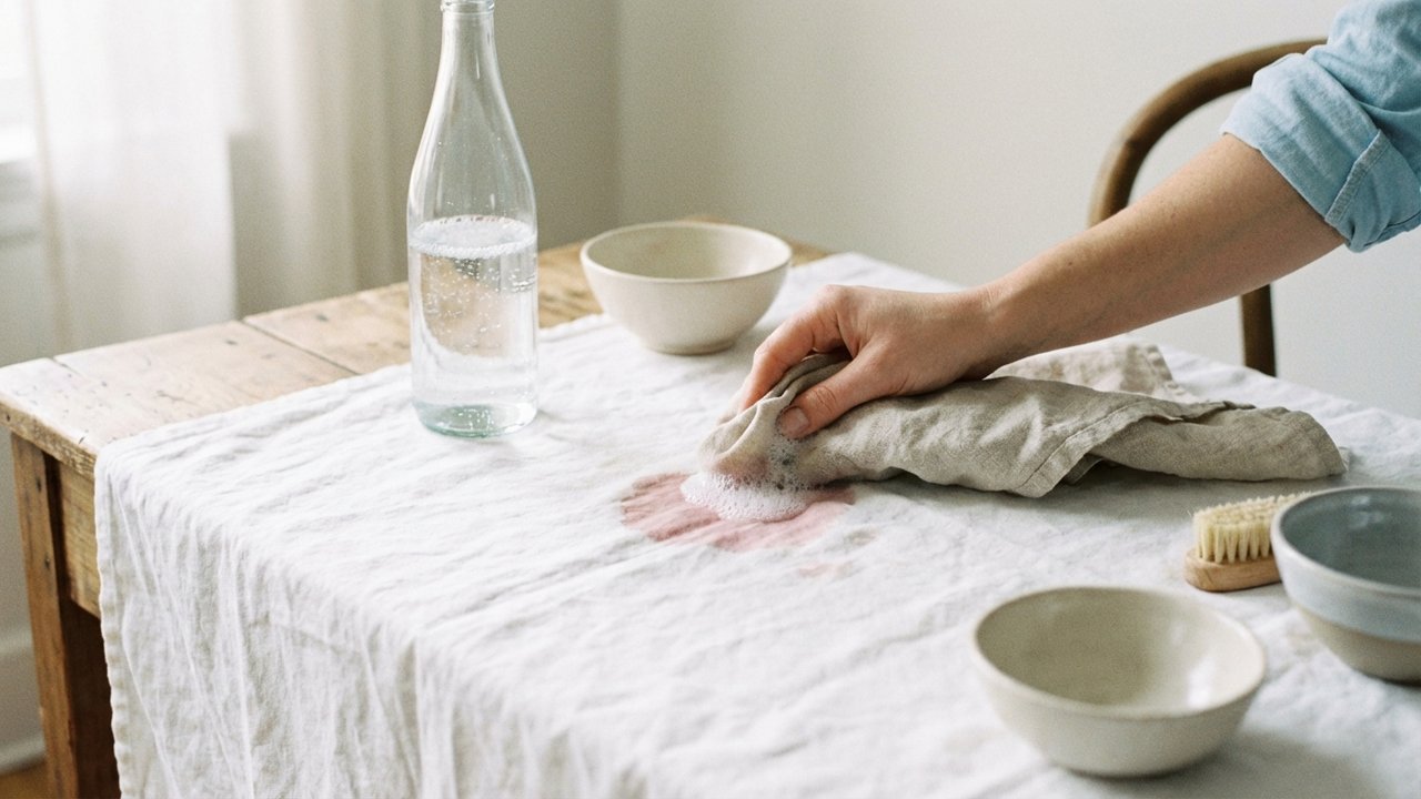 Traitement d'une tache de vin rouge sur une nappe en coton blanc