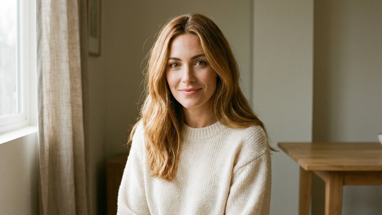 Femme aux yeux noisette avec coloration caramel et miel