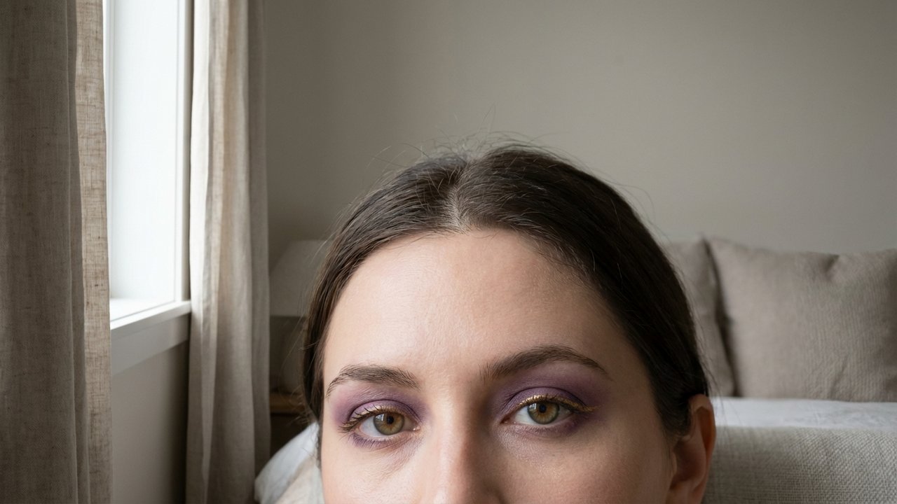 Yeux noisette maquillés avec fard violet et trait doré
