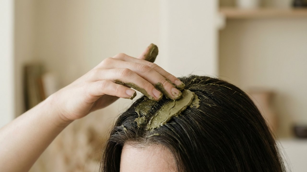 Pose d'un masque d'argile verte sur les cheveux gras
