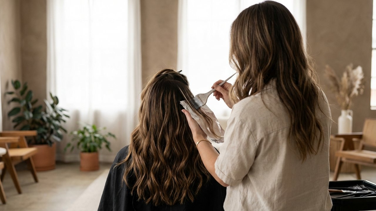 Coiffeuse appliquant un balayage sur cheveux mi-longs