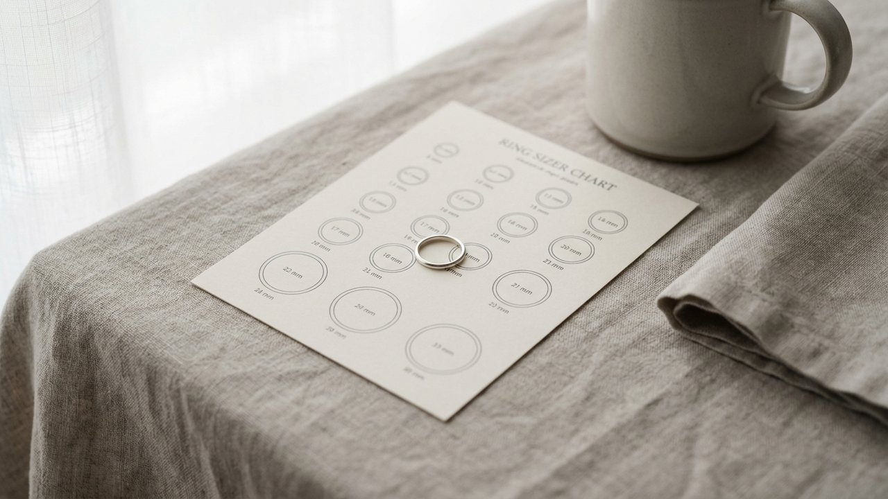 Bague posée sur un baguier PDF imprimé pour mesurer la taille