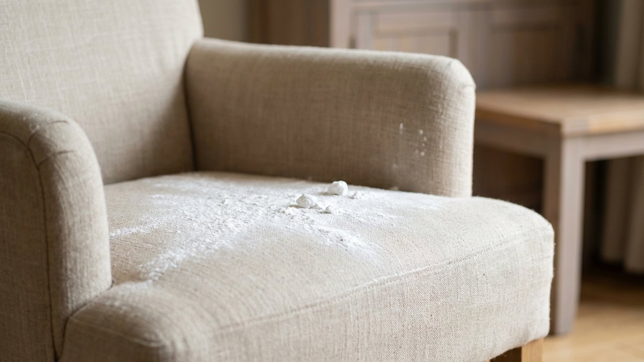 Bicarbonate de soude saupoudré sur un fauteuil en tissu