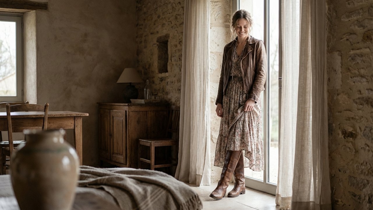 Robe longue fluide avec bottes cavalières marron, le duo bohème chic