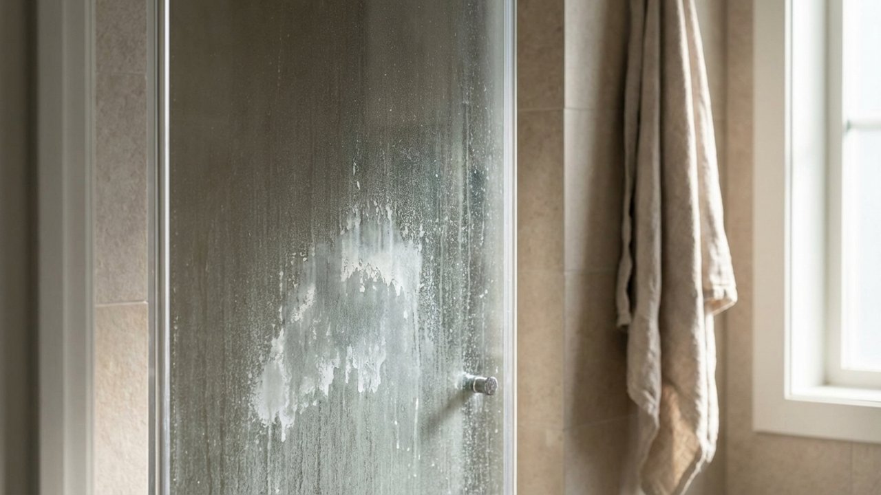 Dépôts de calcaire et résidus de savon sur une vitre de douche encrassée
