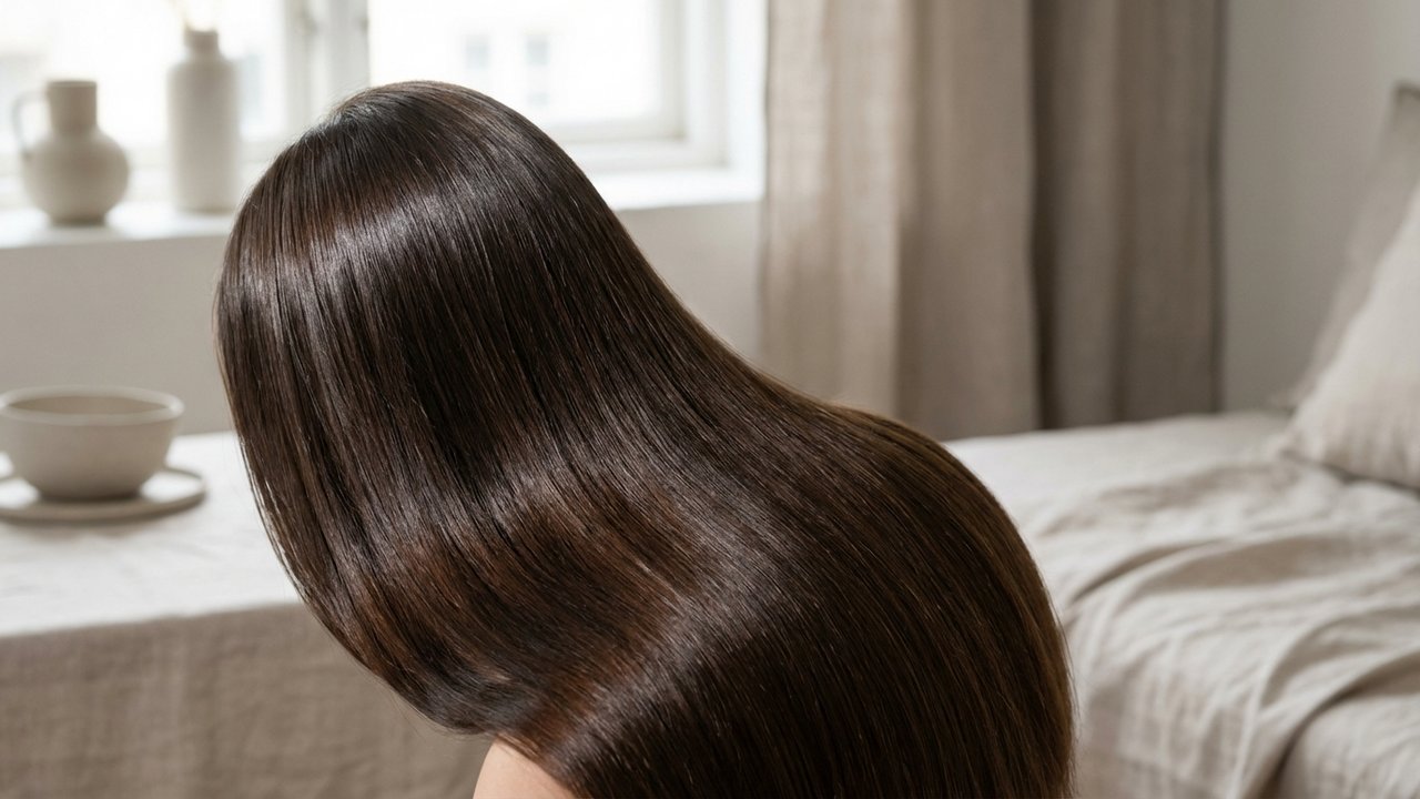 Résultat d'un lissage : cheveux lisses avec brillance miroir et fluidité naturelle