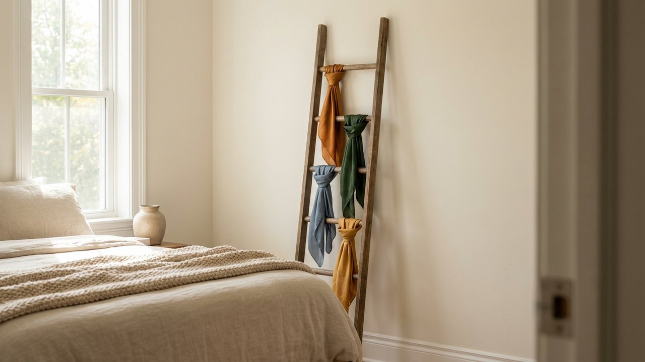 Petite échelle en bois décorée avec des foulards suspendus