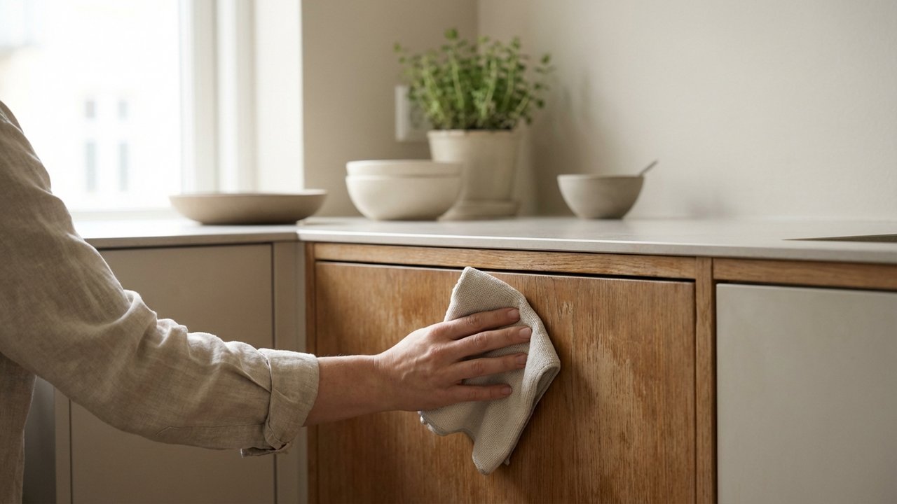 Essuyage d'un meuble de cuisine en bois avec un chiffon microfibre