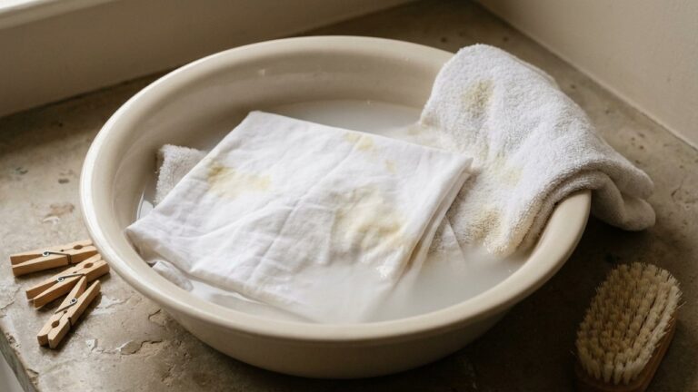 Linge blanc jauni qui trempe dans l'eau pour blanchissement naturel