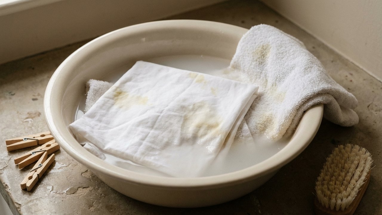 Linge blanc jauni qui trempe dans l'eau pour blanchissement naturel
