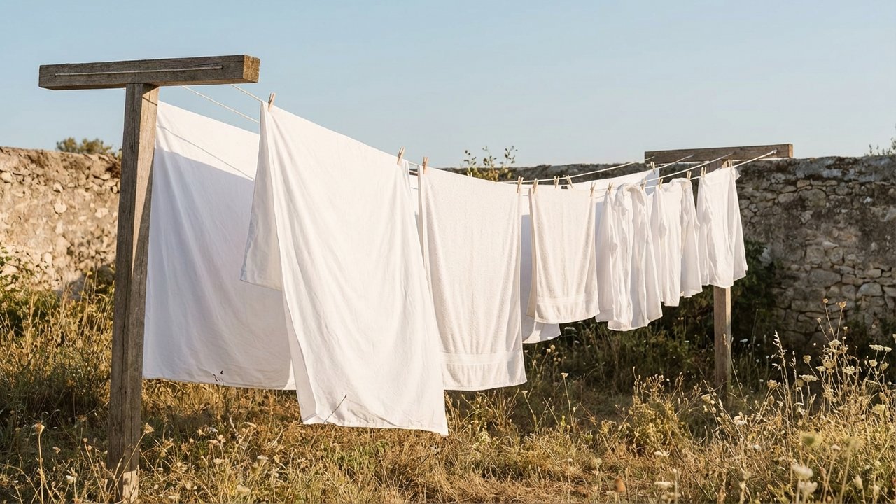 Linge blanc qui sèche au soleil pour raviver sa blancheur naturellement
