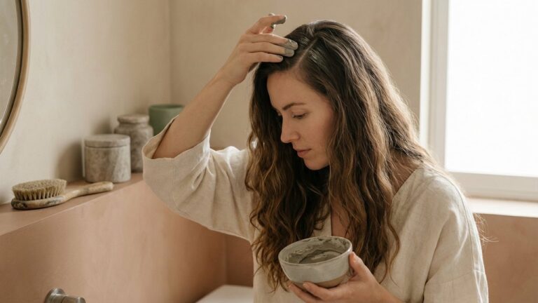 Application d'un masque à l'argile verte sur les racines des cheveux