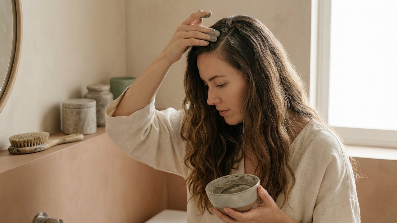 Application d'un masque à l'argile verte sur les racines des cheveux