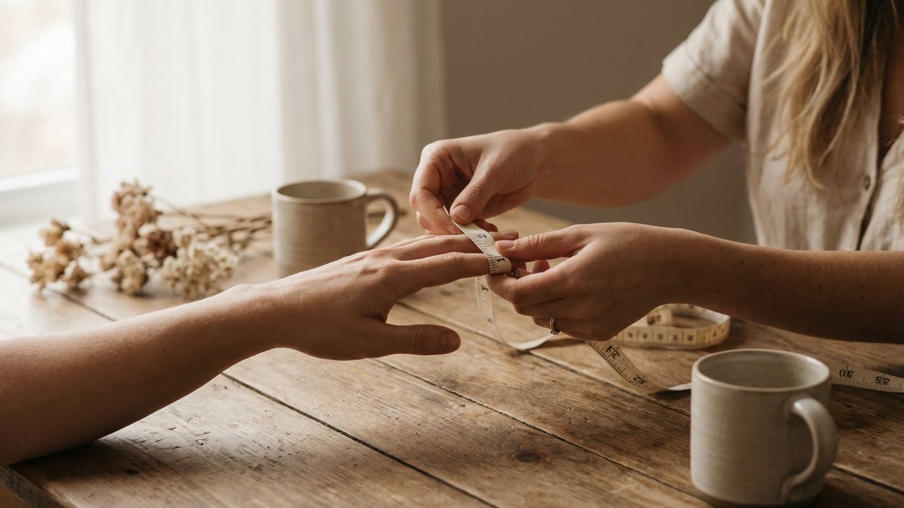 Mesure du tour de doigt avec un ruban de couturière pour déterminer la taille de bague
