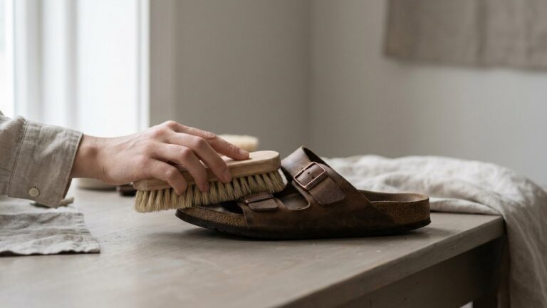 Nettoyage de l'intérieur d'une sandale Birkenstock avec brosse