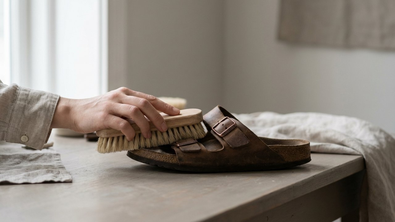Nettoyage de l'intérieur d'une sandale Birkenstock avec brosse