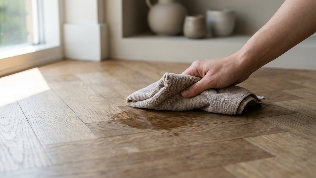 Enlever une tache sur parquet flottant avec un chiffon microfibre