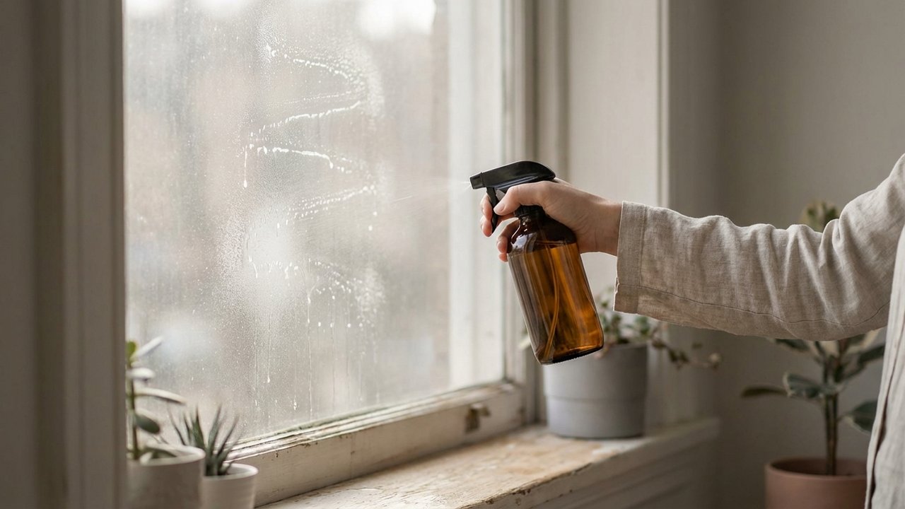 Application de vinaigre blanc sur une vitre pour enlever le calcaire